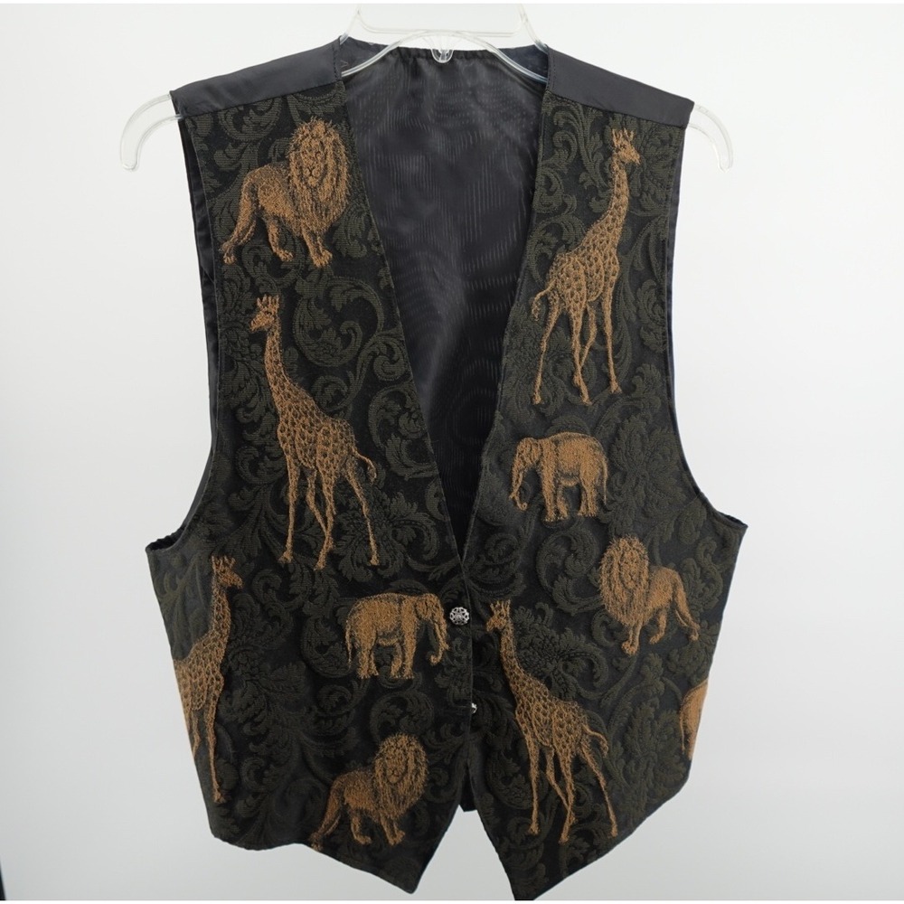 Vintage Safari Tapestry Vest Black Gold Giraffe Elephant Lion Brocade Sleeveless